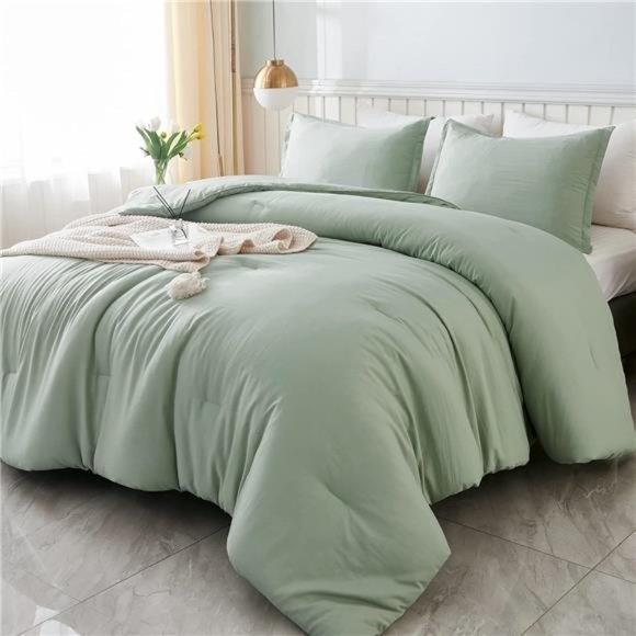 Comforter Full Size Set Sage Green,3 Pieces Lightweight Bed Comforter Full,Solid - Picture 7 of 8